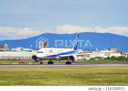 夏の大阪空港（伊丹空港）　離陸中の飛行機　大阪府豊中市 116109012