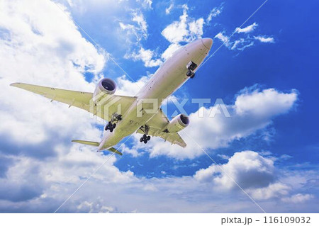 夏の大阪空港（伊丹空港）　着陸中の飛行機　大阪府豊中市 116109032