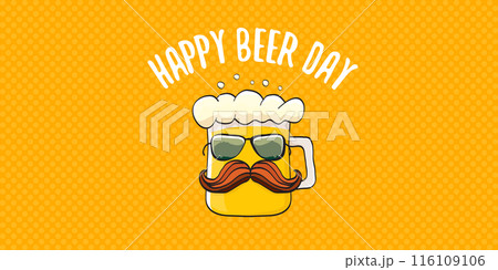 International beer day horizontal banner or summer poster with vector funky beer character isolated on yellow beer background. Vector Cartoon funny International beer day label and poster International beer day horizontal banner or summer poster with vector funky beer character isolated on yellow beer background. Vector Cartoon funny International beer day label and poster 116109106