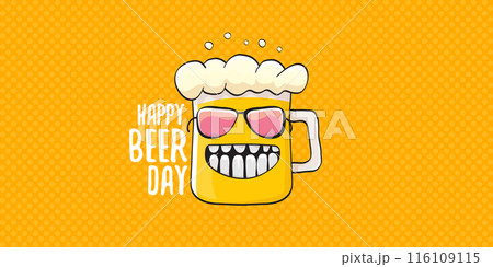 International beer day horizontal banner or summer poster with vector funky beer character isolated on yellow beer background. Vector Cartoon funny International beer day label and poster 116109115