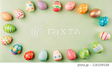 ster season poster Happy easter greeting with colorful egg prints and pattern 116109188