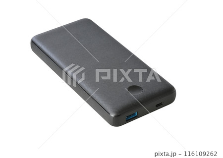 Black powerbank with usb port and usb c port on white background Black powerbank with usb port and usb c port on white background 116109262