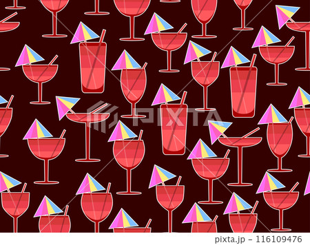 Glass with umbrella and straw seamless pattern. Multi-colored cocktail in a glass with a white outline. Tropical striped cocktail in a glass with an umbrella and a straw. Vector illustration Glass with umbrella and straw seamless pattern. Multi-colored cocktail in a glass with a white outline. Tropical striped cocktail in a glass with an umbrella and a straw. Vector illustration 116109476