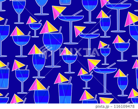 Glass with umbrella and straw seamless pattern. Multi-colored cocktail in a glass with a white outline. Tropical striped cocktail in a glass with an umbrella and a straw. Vector illustration 116109478