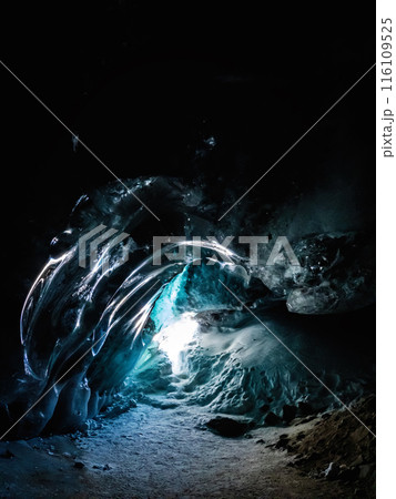 Entrance in Ice Cave Near Bogdanovich Glacier in Tian Shan Mountains, Central Asia, Kazakhstan's National Park Near Almaty, Trans-Ili Alatau nature. 116109525