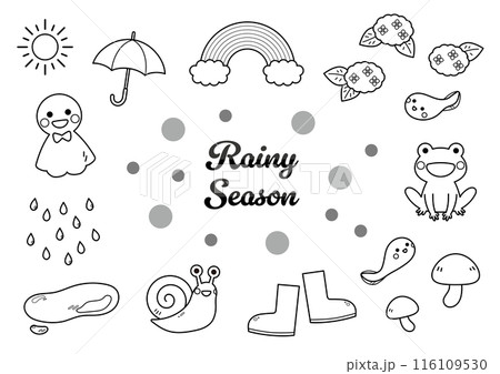 梅雨のイラスト素材セット 雨季 かわいい モノクロ 線画 梅雨のイラスト素材セット 雨季 かわいい モノクロ 線画 116109530