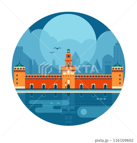Travel Italy Circle Scene with Milan Sforca Castle 116109602