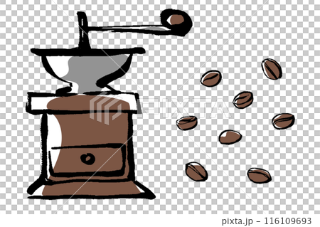 Brush-drawn illustration of a coffee mill and coffee beans 116109693