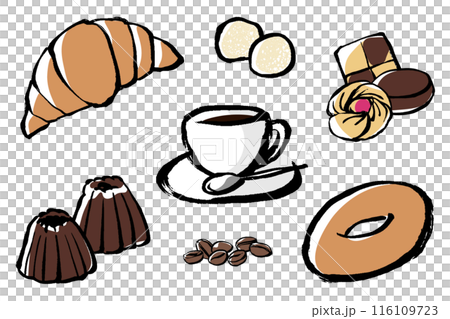 咖啡和與咖啡搭配的食物的插圖集 116109723