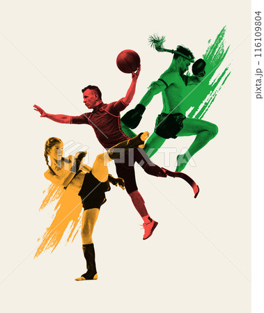 Monochrome male and female athlete, mma and basketball player in motion and action, playing, training isolated on white background. 116109804