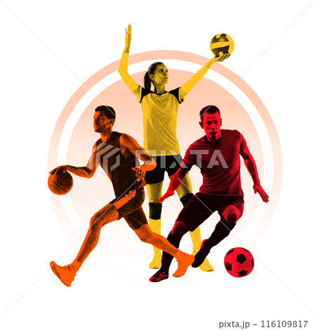 Monochrome athletes in motion playing basketball, soccer, volleyball isolated on white background. Dynamics and determination Monochrome athletes in motion playing basketball, soccer, volleyball isolated on white background. Dynamics and determination 116109817