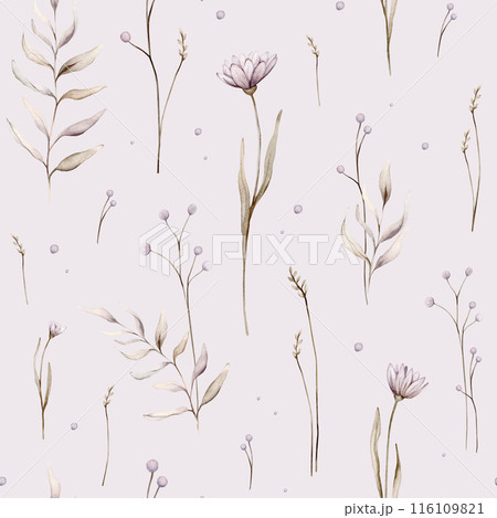 Watercolor seamless pattern floral delicate pastel vintage green violet brown bouquet. Hand drawn illustration isolated on white background. Repeat flower and herb herds pastel color 116109821