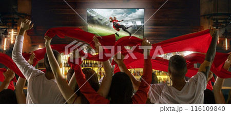 Group of passionate supporters, standing in bar, and watching online American football match translation, supporting favorite soccer team 116109840