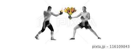 Black and white image of two shirtless boxers in mid-action, holding banana, while other holds colorful bouquet of flowers. Contemporary art collage. 116109843