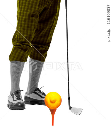 Black and white image of male legs, golfer wearing plaid pants, socks, and golf shoes, preparing to hit colored orange on golf tee. Contemporary art collage. 116109857