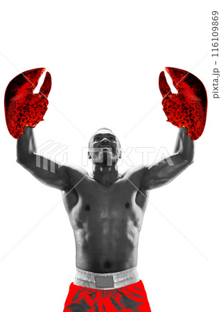 Monochrome image of shirtless boxer with muscular body in red lobster claws instead of boxing gloves, raising arms in victorious pose. Contemporary art collage. 116109869