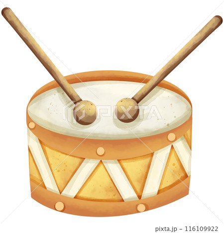 Watercolor paintings of parade drums serve as illustrations to decorate the piece. 116109922
