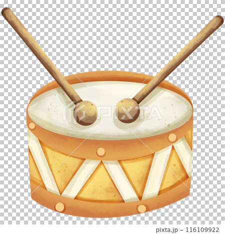 Watercolor paintings of parade drums serve as illustrations to decorate the piece. 116109922