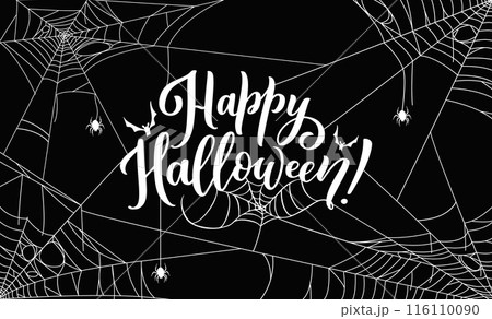Halloween banner with spiders and cobweb. White vector typography with bats and creepy spiders on black background with tangled spiderweb frame. Poster with scary script and spooky celebratory design 116110090