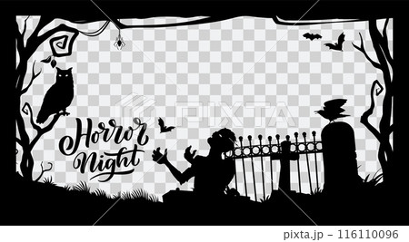 Halloween social media black frame with cemetery tombstones and zombie in forest, vector silhouette. Halloween holiday and horror night post frame template with scary spooky owl, raven and corpse 116110096
