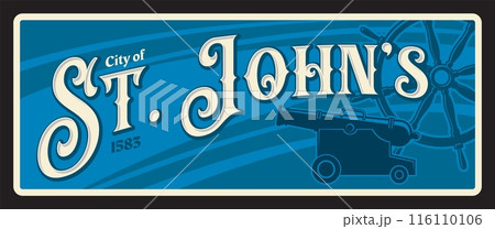 St Johns Canadian city plate, retro travel plaque, travel destination sticker, vector tin sign with landmark. Canada and North America tourism luggage tag or welcome sign with province region emblem St Johns Canadian city plate, retro travel plaque, travel destination sticker, vector tin sign with landmark. Canada and North America tourism luggage tag or welcome sign with province region emblem 116110106