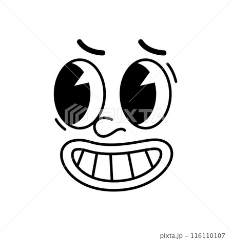 Cartoon funny comic groovy face toothy smile emotion and retro cute emoji character. Isolated vector cheerful and positive facial expression. Monochrome grinning personage emoticon with goggle eyes 116110107