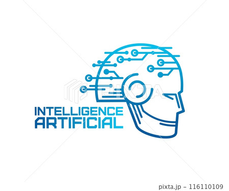 AI artificial intelligence icon, machine learning. Isolated vector blue outline human or robot head with circuit connections, symbolizing technology, and digital innovation concepts for tech projects 116110109