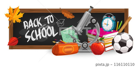 Back to school banner featuring chalkboard with school supplies including microscope, books, alarm clock, soccer ball, apple and pencils case. Vector educational background adorned with autumn leaves 116110110
