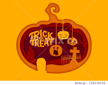 Halloween paper cut banner with pumpkins and cemetery tombstones. 3d vector frame in shape of gourd with spooky jack lanterns on creepy graveyard landscape with eerie trees, stone crosses and tombs 116110116