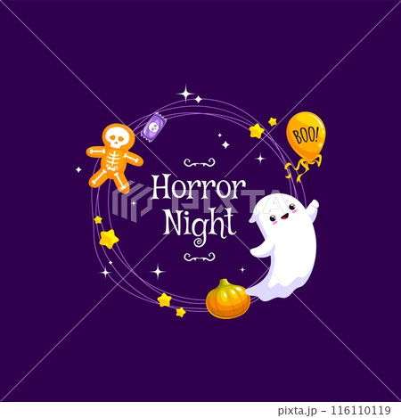 Halloween frame with kawaii ghost, holiday sweets and candies. Vector spooktacular border for horror party night celebration with adorable spook character, boo balloon and ghostly gingerbread man 116110119