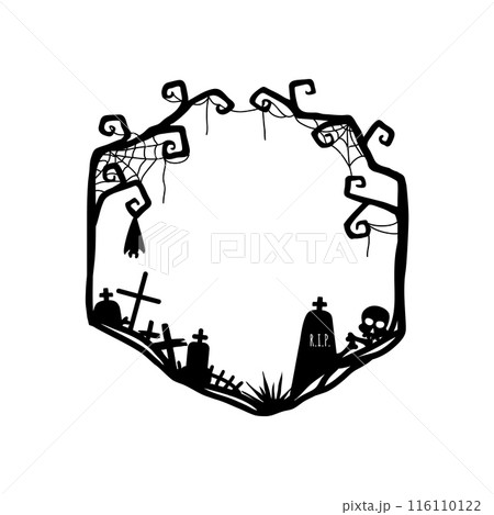Halloween grunge black frame with vector borders of spooky bat and horror spider cobweb silhouettes. Scary Halloween cemetery frame of creepy trees, tombstones and skull, bones and tombstone crosses Halloween grunge black frame with vector borders of spooky bat and horror spider cobweb silhouettes. Scary Halloween cemetery frame of creepy trees, tombstones and skull, bones and tombstone crosses 116110122