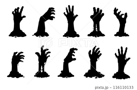 Zombie hands, undead corpse arms reaching out from grave, vector silhouette icons. Halloween horror holiday cartoon dead zombie hands with bones, crooked fingers and nails, dead demon or zombie hands Zombie hands, undead corpse arms reaching out from grave, vector silhouette icons. Halloween horror holiday cartoon dead zombie hands with bones, crooked fingers and nails, dead demon or zombie hands 116110133