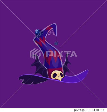 Cartoon Halloween witch hat. Isolated vector purple magician headwear with red zig-zag stripes, bird skull buckle, bat wings and spider hanging on cobweb. Costume cap for wizard or evil sorcerer Cartoon Halloween witch hat. Isolated vector purple magician headwear with red zig-zag stripes, bird skull buckle, bat wings and spider hanging on cobweb. Costume cap for wizard or evil sorcerer 116110134