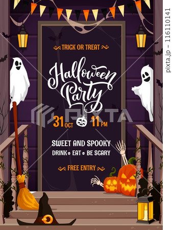 Halloween party flyer with scary ghosts and holiday door porch with decorations. Vector invitation poster with cottage doorway, pumpkins, skeleton hands, witch hat or broom and garland with lanterns 116110141