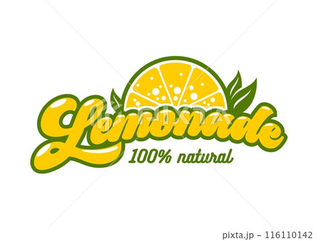 Lemonade icon for juice or lemon fruit drink and soda beverage, vector emblem. Lemonade drink sign of 100 percent natural lemon with green leaves and sparkling bubbles for fresh citrus flavor water 116110142