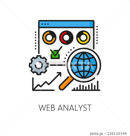 Web development vacancy, web analyst career, IT specialist job line color icon. Web development career, IT technology data analysis outline vector icon with diagram, browser and magnifying glass Web development vacancy, web analyst career, IT specialist job line color icon. Web development career, IT technology data analysis outline vector icon with diagram, browser and magnifying glass 116110144