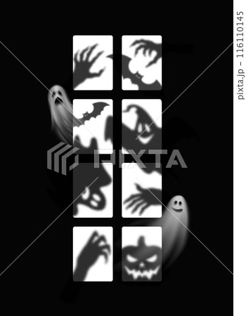Realistic ghost monster silhouettes at Halloween window. Eerie shadows of spooks, creepy hands and bats ethereal forms dancing in the darkness, casting a spine-chilling ambiance on the spooky night Realistic ghost monster silhouettes at Halloween window. Eerie shadows of spooks, creepy hands and bats ethereal forms dancing in the darkness, casting a spine-chilling ambiance on the spooky night 116110145