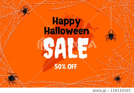 Grunge Halloween sale banner with spiders and cobweb. Vector promo background or coupon for autumn holiday discount offer. Advertisement card with scratchy strokes and eerie arachnids on spiderwebs Grunge Halloween sale banner with spiders and cobweb. Vector promo background or coupon for autumn holiday discount offer. Advertisement card with scratchy strokes and eerie arachnids on spiderwebs 116110165