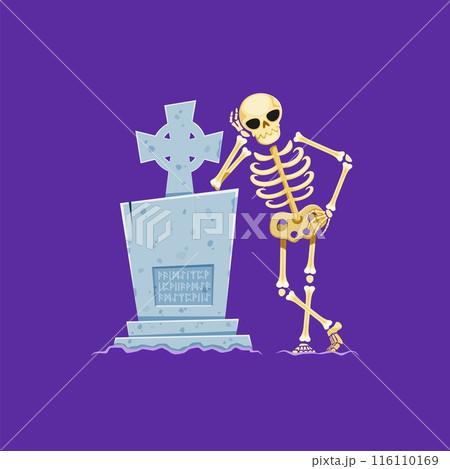 Cartoon Halloween scary skeleton character near tombstone. Vector scene reveals a scary human skeleton leaning ominously against a grave stone on the night cemetery, evoking eerie, spine-chilling vibe 116110169