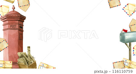 Seamless pattern. World Post Day. Blue mailbox, parcel, letters, stationery, ink. All items are hand painted with watercolors. Suitable for printing on fabric, paper, scrapbooking. 116110759