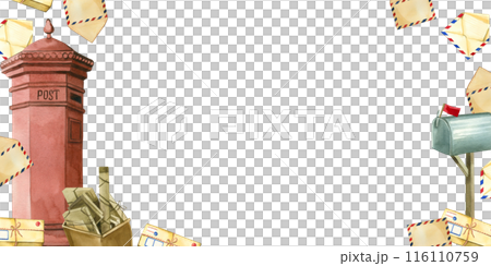 Seamless pattern. World Post Day. Blue mailbox, parcel, letters, stationery, ink. All items are hand painted with watercolors. Suitable for printing on fabric, paper, scrapbooking. 116110759