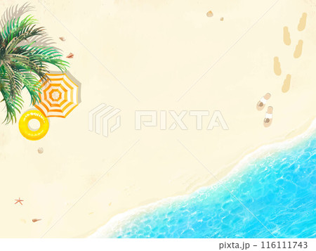 夏の砂浜ーヤシの木とパラソルー上から見た海の美しい夏のビーチリゾートフレームイラスト素材 夏の砂浜ーヤシの木とパラソルー上から見た海の美しい夏のビーチリゾートフレームイラスト素材 116111743
