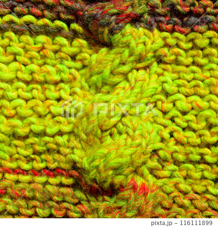 Handmade knitted fabric colored wool background texture 116111899