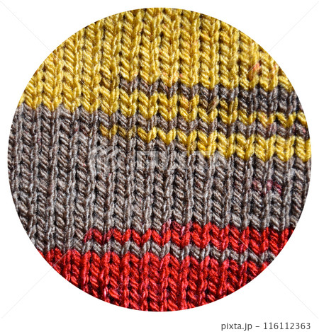 Handmade knitted fabric red yellow and beige wool background texture 116112363