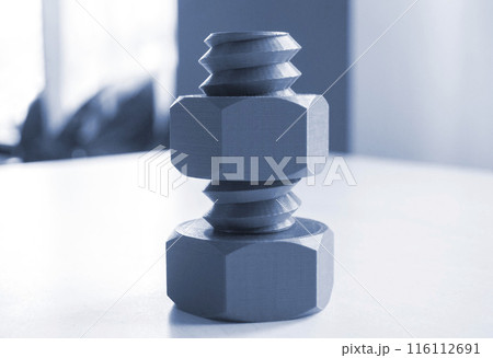 Object in form of washer and bolt printed on 3D printer. Three-dimensional model printed on 3D printer from molten plastic of red color. Concept 3D Printing. FDM 3D Printing technology 116112691