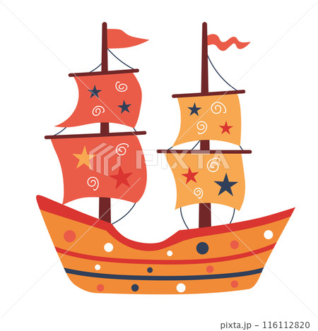 Cute ship. Sailing boat. Nursery art scandinavian style childish ship.  116112820