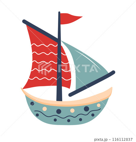 Cute ship. Sailing boat. Nursery art scandinavian style childish ship. Cute ship. Sailing boat. Nursery art scandinavian style childish ship. 116112837