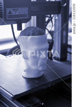 3D printer close-up. The process of working of 3D printer. 3D printer printing object from molten plastic. 3D printer creating model by flowing liquid plastic from an extruder. Printing technology 116112930