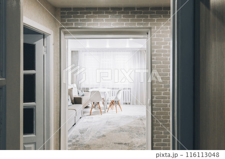 Bright Living Room In Family Apartment. Stylish Apartment Interior Modern Living Room Interior. Family Flat. Light Colors Of Design. Idea For Home Design 116113048