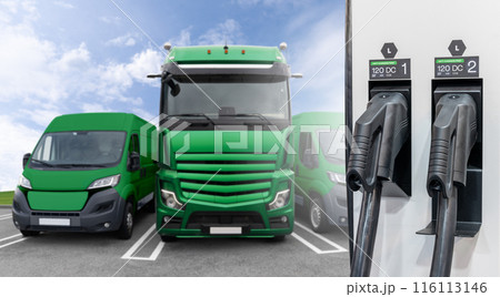 Electric vehicles charging station on a background of truck and vans. Green fleet concept 116113146